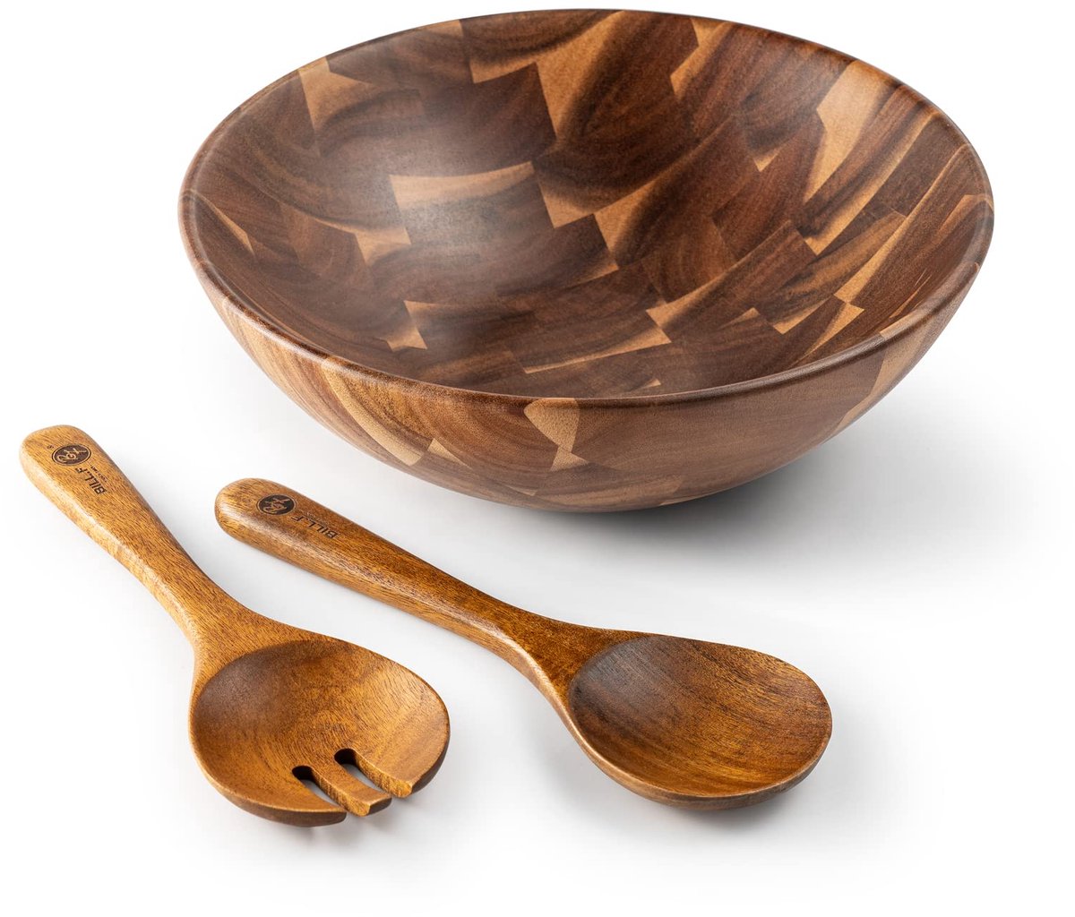 Famanu – Saladeschaal van acaciahout, set van 3 grote saladeschalen met servers, x 10 cm