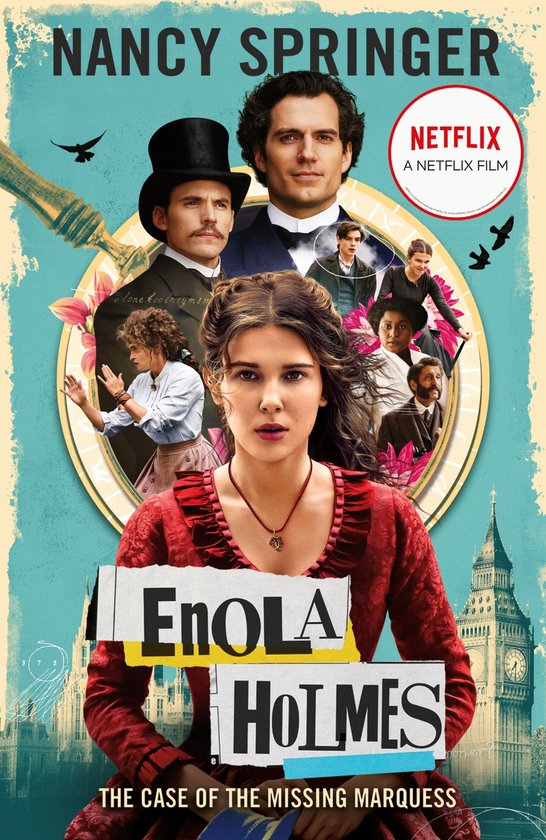 Enola Holmes poster met Millie Bobby Brown in rode jurk, Henry Cavill, Sam Claflin, Helena Bonham Carter en anderen. "Enola Holmes The Case of the Missing Marquess".