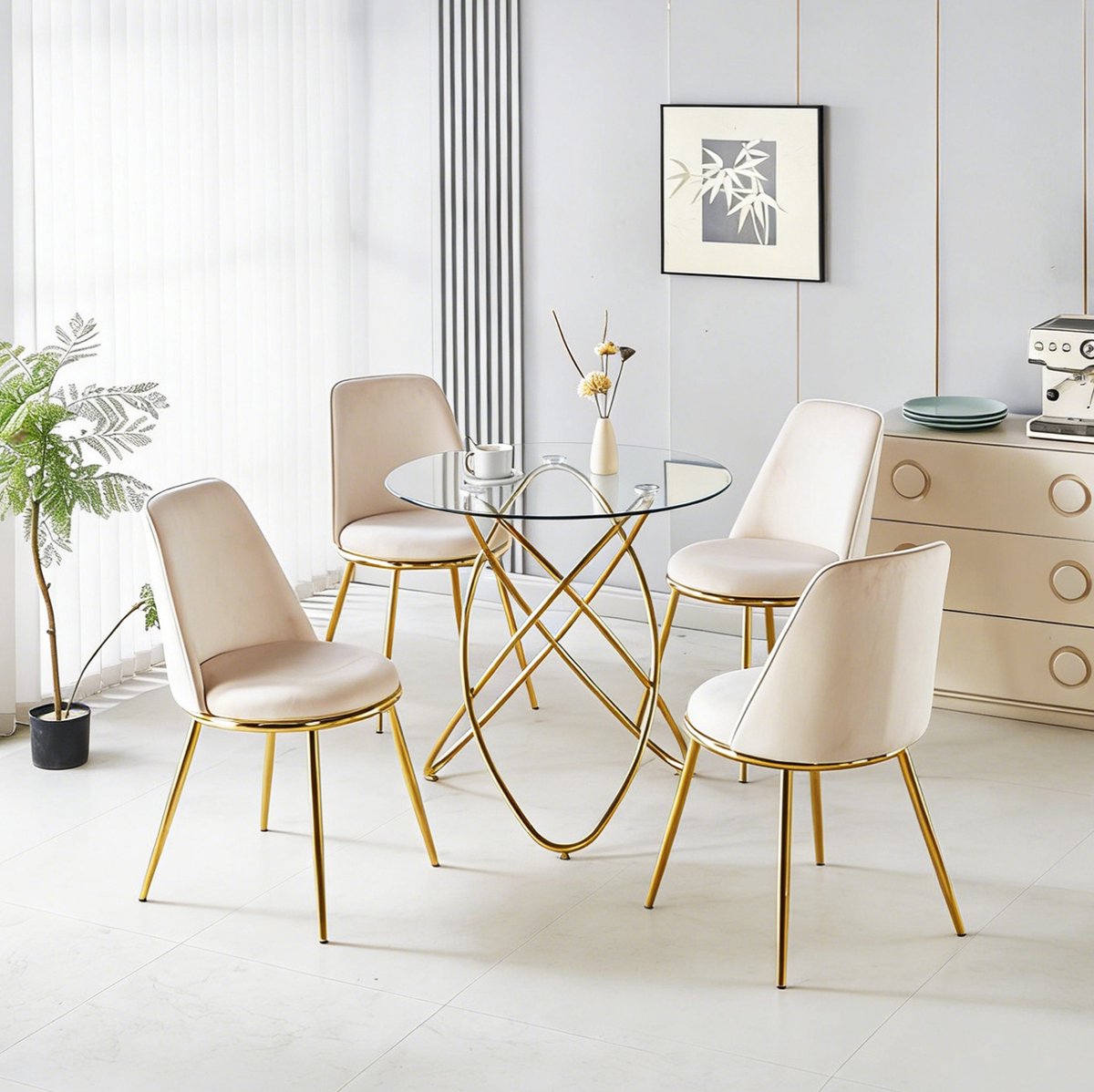 Wishdor Eettafelset 1 tafel 4 stoelen - Rond glazen blad - Gouden metalen poten hoog rugleuning - Modern - Eetkamer woonkamer kaptafel - Fluwelen - Cream White