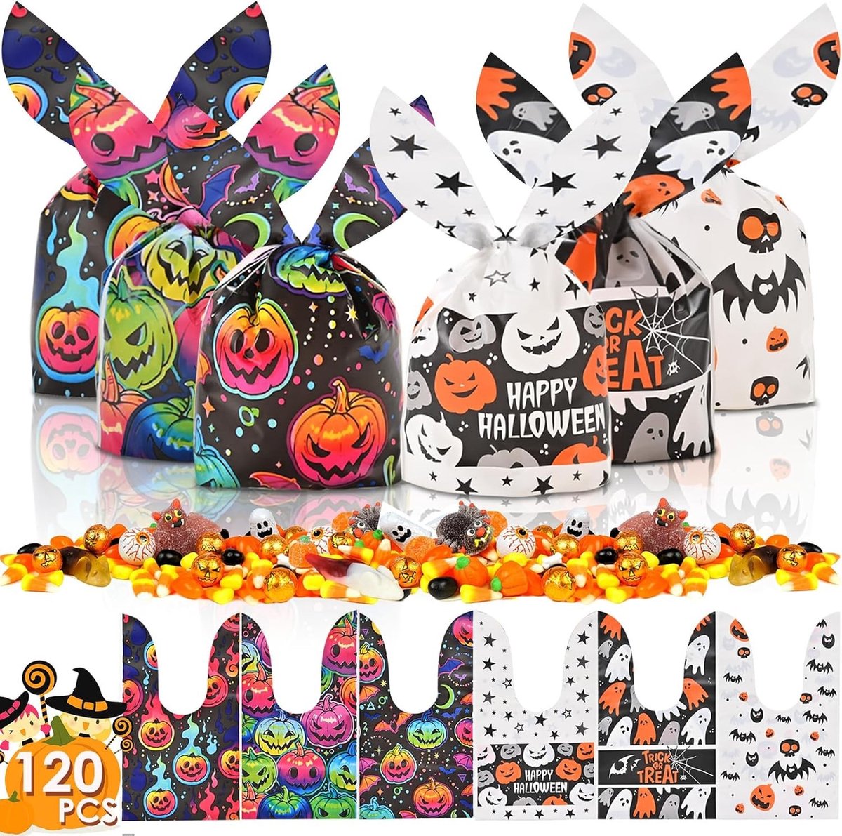 120 Stuks Halloween Candy Bags voor Trick or Treat, Snoepzakken voor Kinderen, Feestbenodigdheden en Cadeautjes (6 Patroonen)