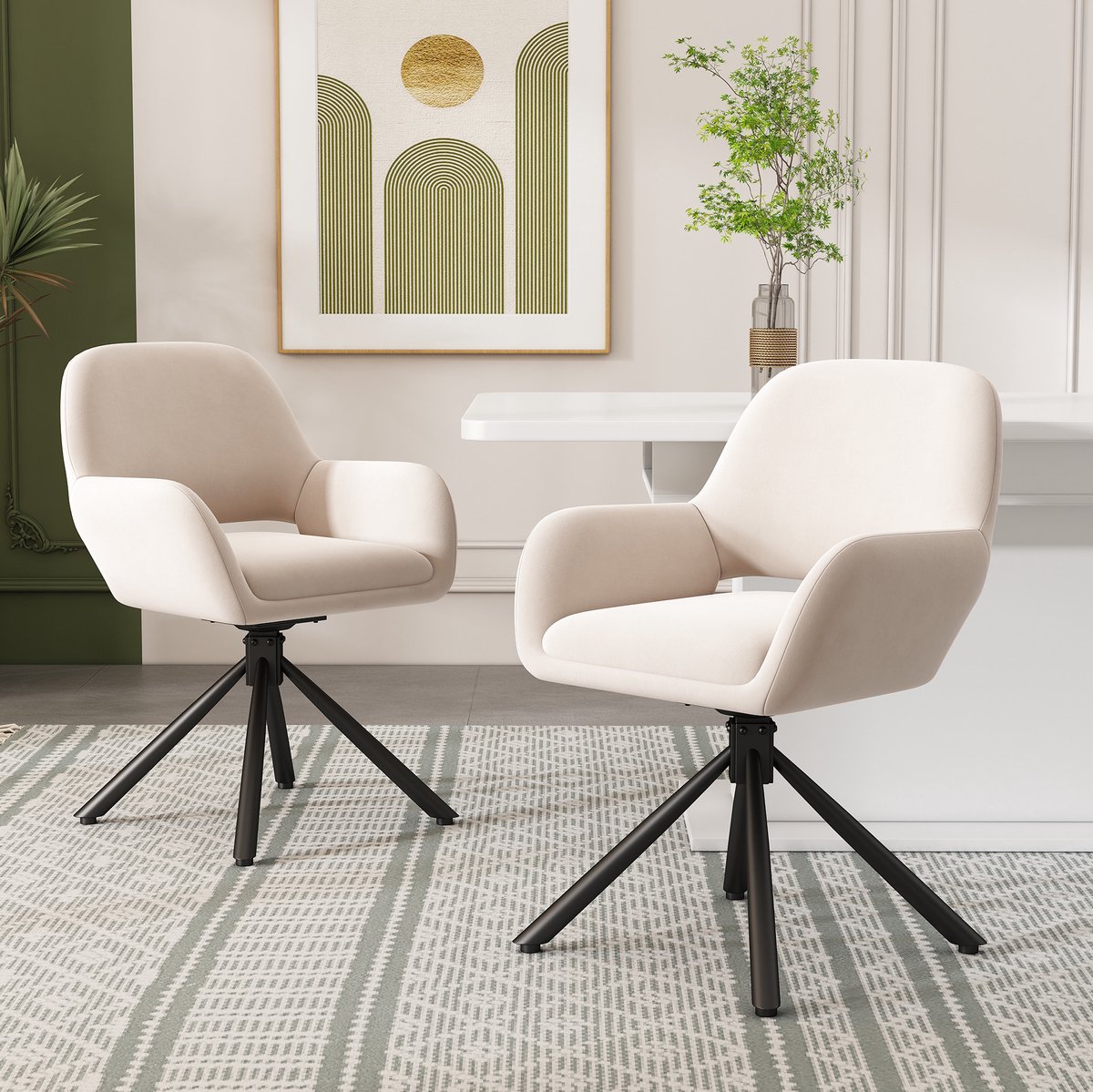OKWISH Eetkamerstoel – Draaibare Kuipstoel Set Van 4 – Met Armleuningen En Comfortabele Fluwelen Bekleding – Modern Voor Eetkamer – Metaal – Beige