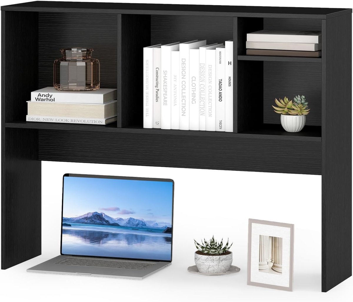 COSTWAY Bureaurek, Tafelrek met 4 vakken, Bureau-opzetrek, Boekenrek Multifunctionele bureau-organizer voor bureau & werkblad, 94 x 25 x 73 cm (Zwart)