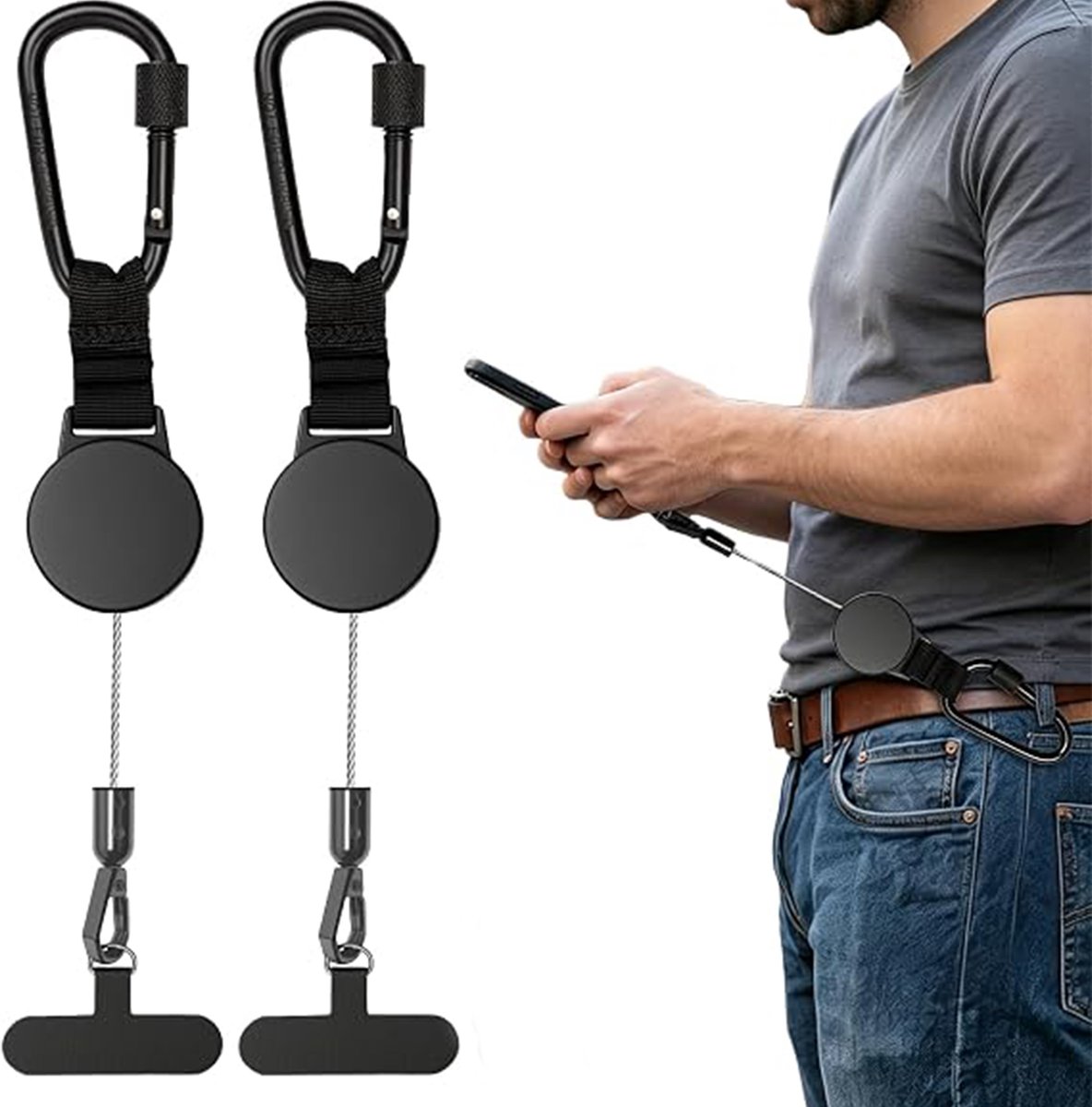 2‑delige set uittrekbare anti‑diefstal telefoonriemen- stalen telefoon veiligheidsriem met karabijnhaak en 360° draaibare klem- voor wandelen- festivals en buitenactiviteiten
