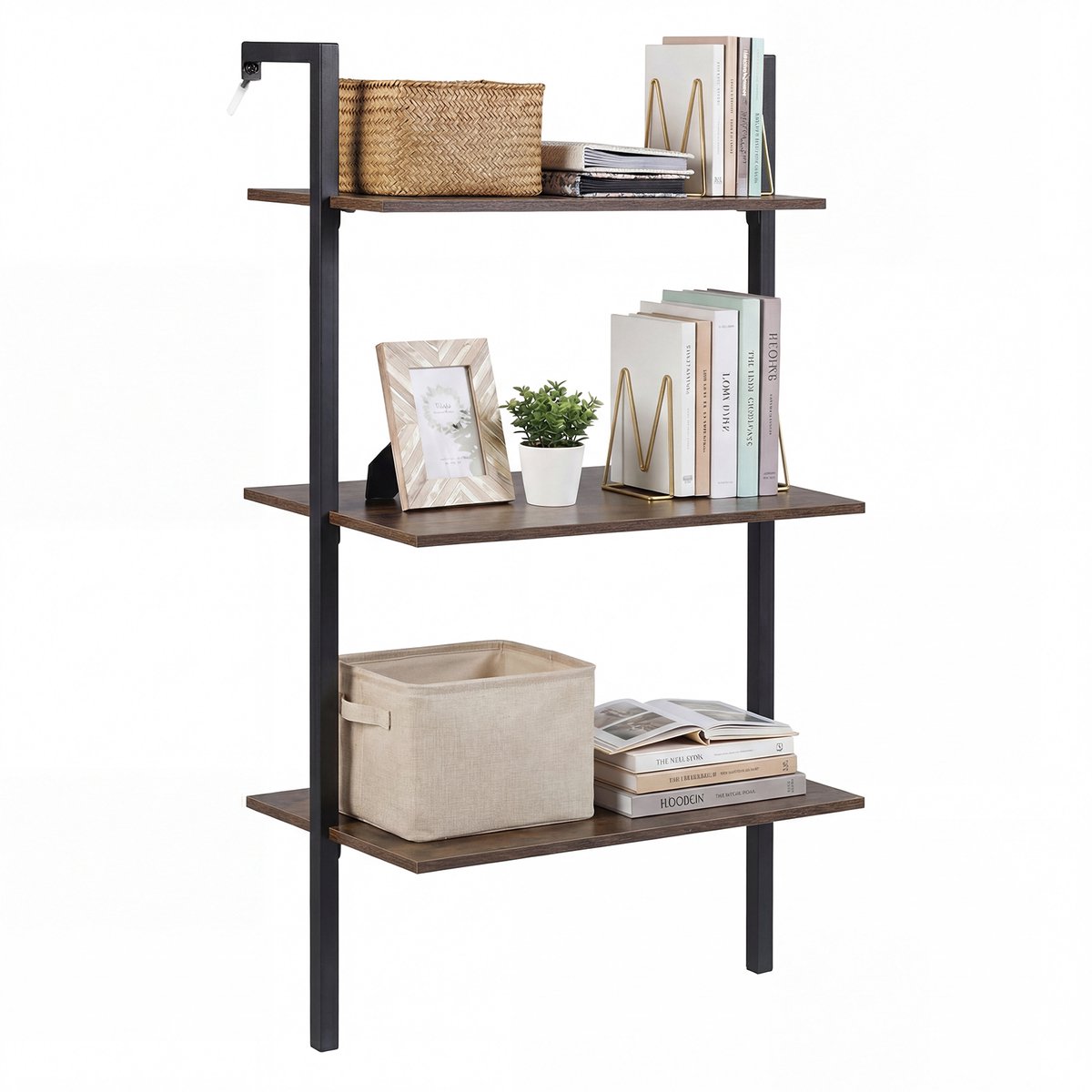 COSTWAY Wandrek met 3 niveaus, hangend rek met metalen frame, wandgemonteerde boekenkast, zwevend ladderrek, houten opbergrek, zwevend rek voor woonkamer, badkamer, keuken en kantoor, 53,5 x 29,5 x 96