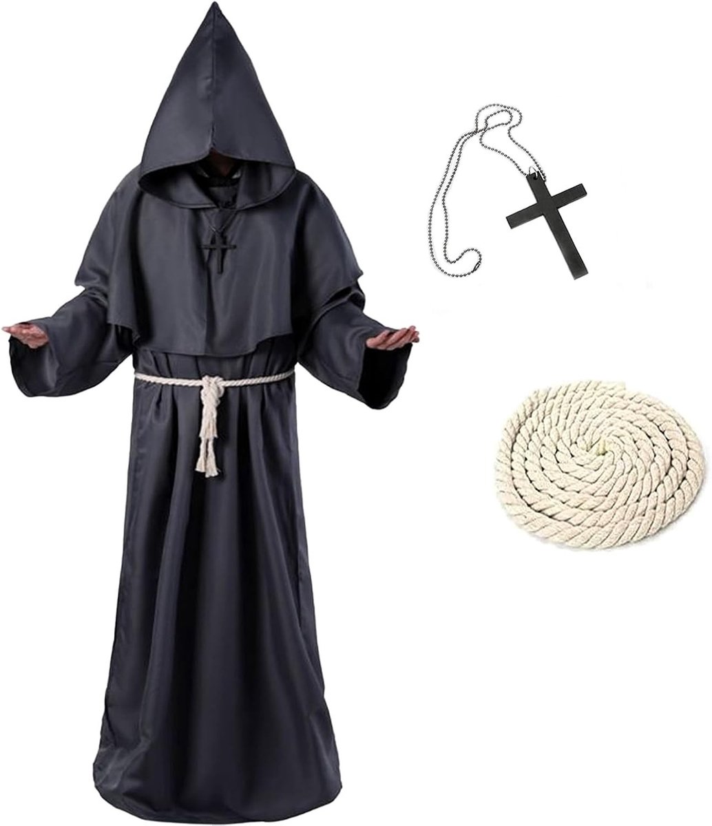Monniks Kostuum voor Mannen met Kap en Kruis, Perfect voor Halloween, Carnaval en Middeleeuwse Feesten