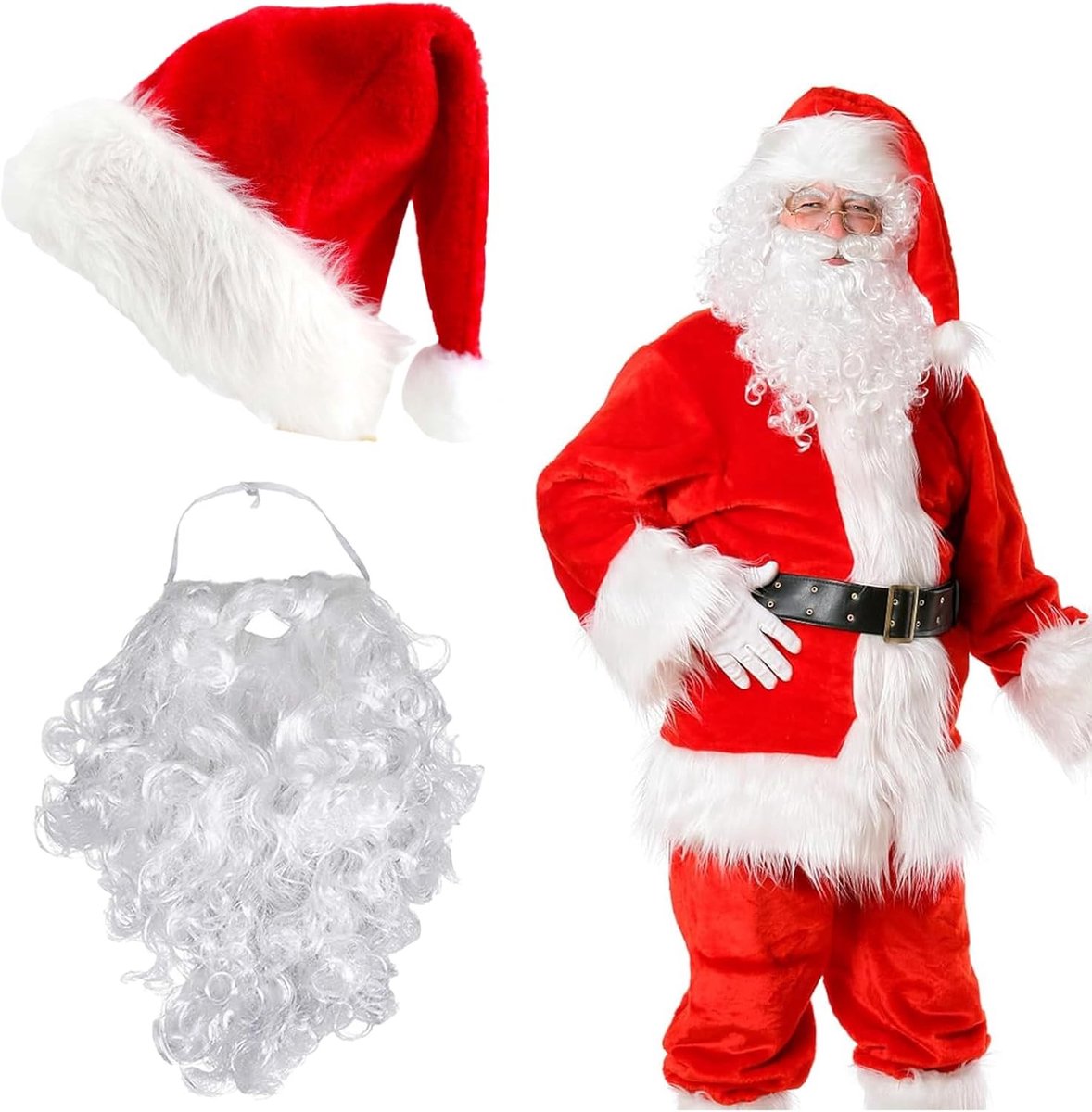 Santa Claus Hoed met Baard voor Volwassenen, 2-in-1 Kerstman Kostuum, Feestelijke Accessoires voor Kerstmis