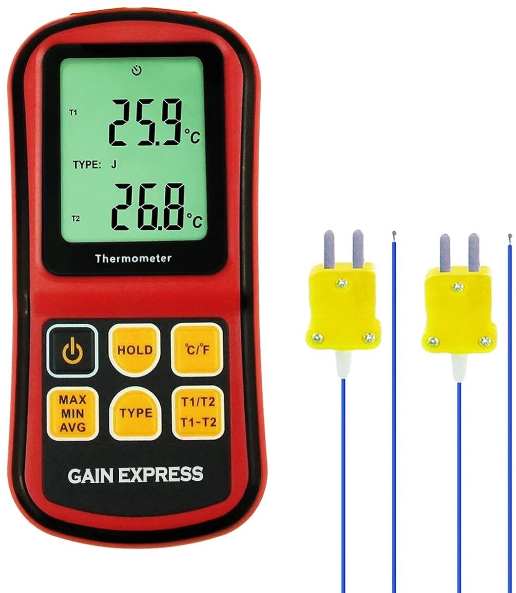 Dual-Channel Thermocouple Thermometer met LCD Scherm voor Nauwkeurige Temperatuurmeting van -150 tot 1800℃, Inclusief Backlight en ATC Functie