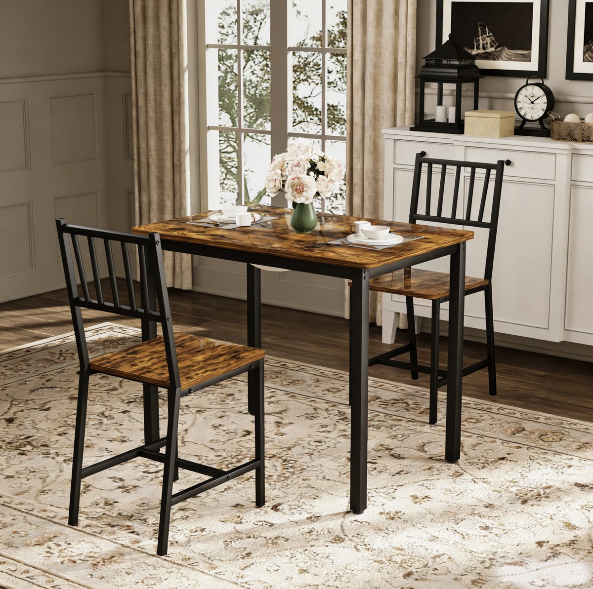 Wishdor Set tafel en stoelen - Industrieel design - Metalen frame en houtlook blad - Voor keuken woonkamer en kleine ruimtes - Zwart bruin - 90 x 60 x 75,5 cm