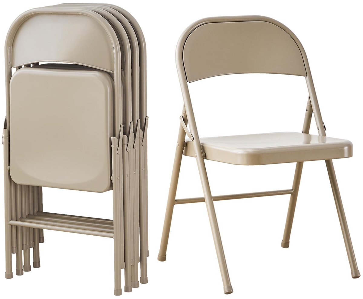 Famanu Metalen klapstoel set van 4 stuks, volledig stalen opvouwbare stoelen, ruimtebesparend en zwaar belastbaar, ideaal voor vergaderingen en evenementen, beige