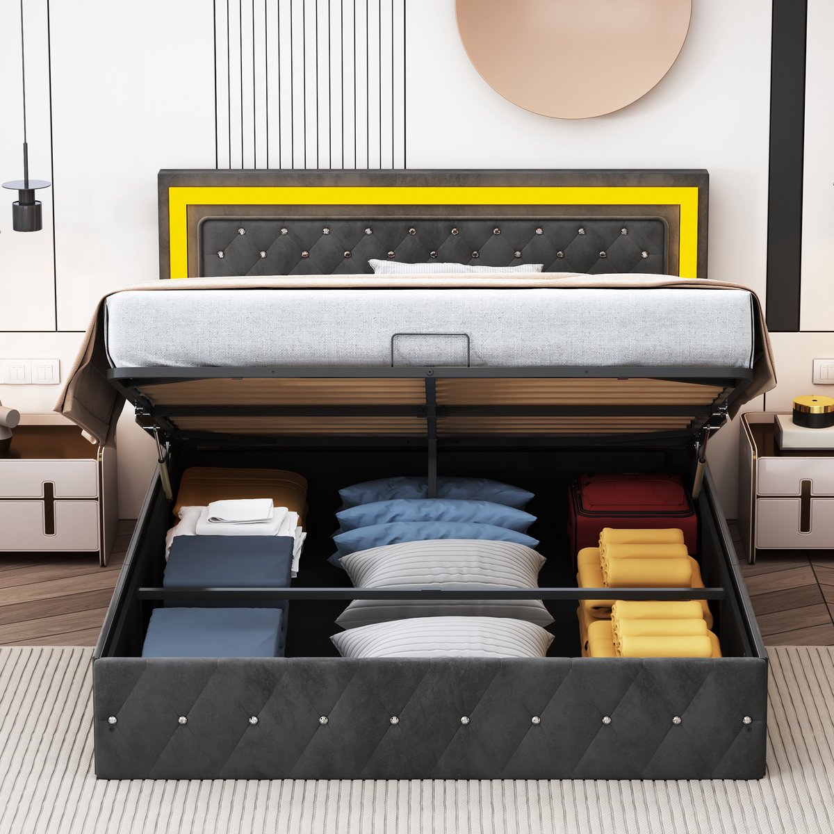 Volwassen bed 140x200 cm, tweepersoonsbed met opbergruimte en LED-verlichting, gecapitonneerd design, gestoffeerd bed, fluwelen bekleding, zwart, zonder matras