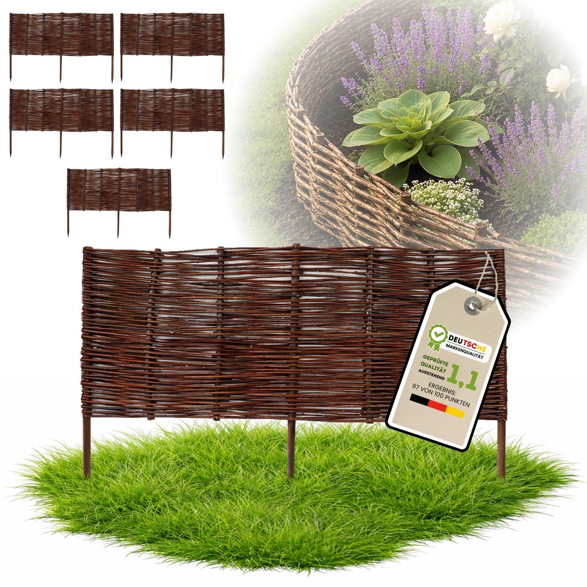 Famanu – Wilgenvlechtwerk tuinscherm set van 5 stuks, 40 cm x 100 cm, insteekomheining voor bloembedden en palisades