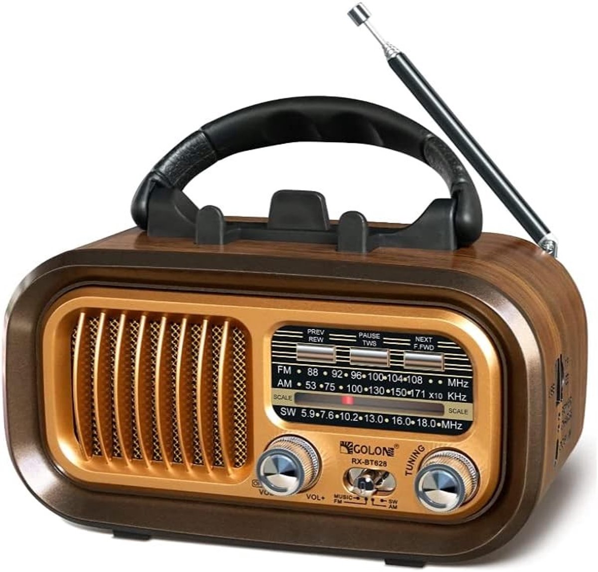 Draagbare Retro Radio - Goud - 17 x 9,5 x 10,7 cm - Oplaadbare Mini Radio met Bluetooth en USB - Voor Muziek en Ontspanning