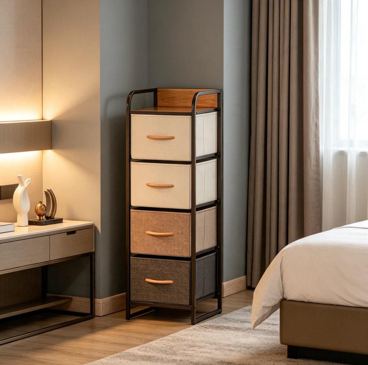 MIVRAY Ladekast - Smal Met 4 Uitklapbare Stoffen Laden En Houten Handgreep - Voor Slaapkameropslag - MDF Staal Polyester - Beige Bruin