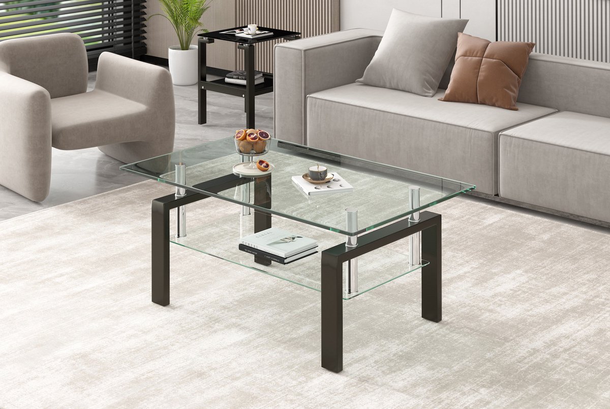 MIVRAY Salontafel Met Dubbele Laag Gehard Glas En Metalen Frame Voor Woonkamer Modern Rechthoekig 100x60x44 Cm Transparant