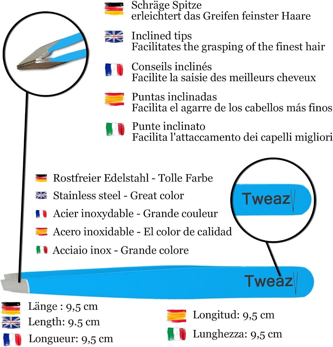 Pincet - Neonblauw - 9,5 cm - Roestvrijstalen met Schuine Punt - Voor Dames en Heren