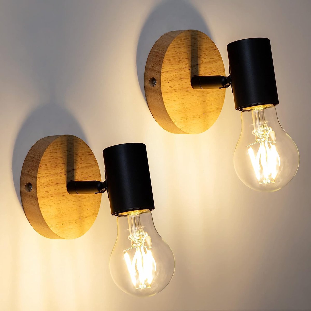 Riserva Wandlamp industrieel retro onregelmatig hout‑zwart, ijzer + hout, E27 max 60W zonder lamp, 2‑pack, 350° draaibaar, D10cm