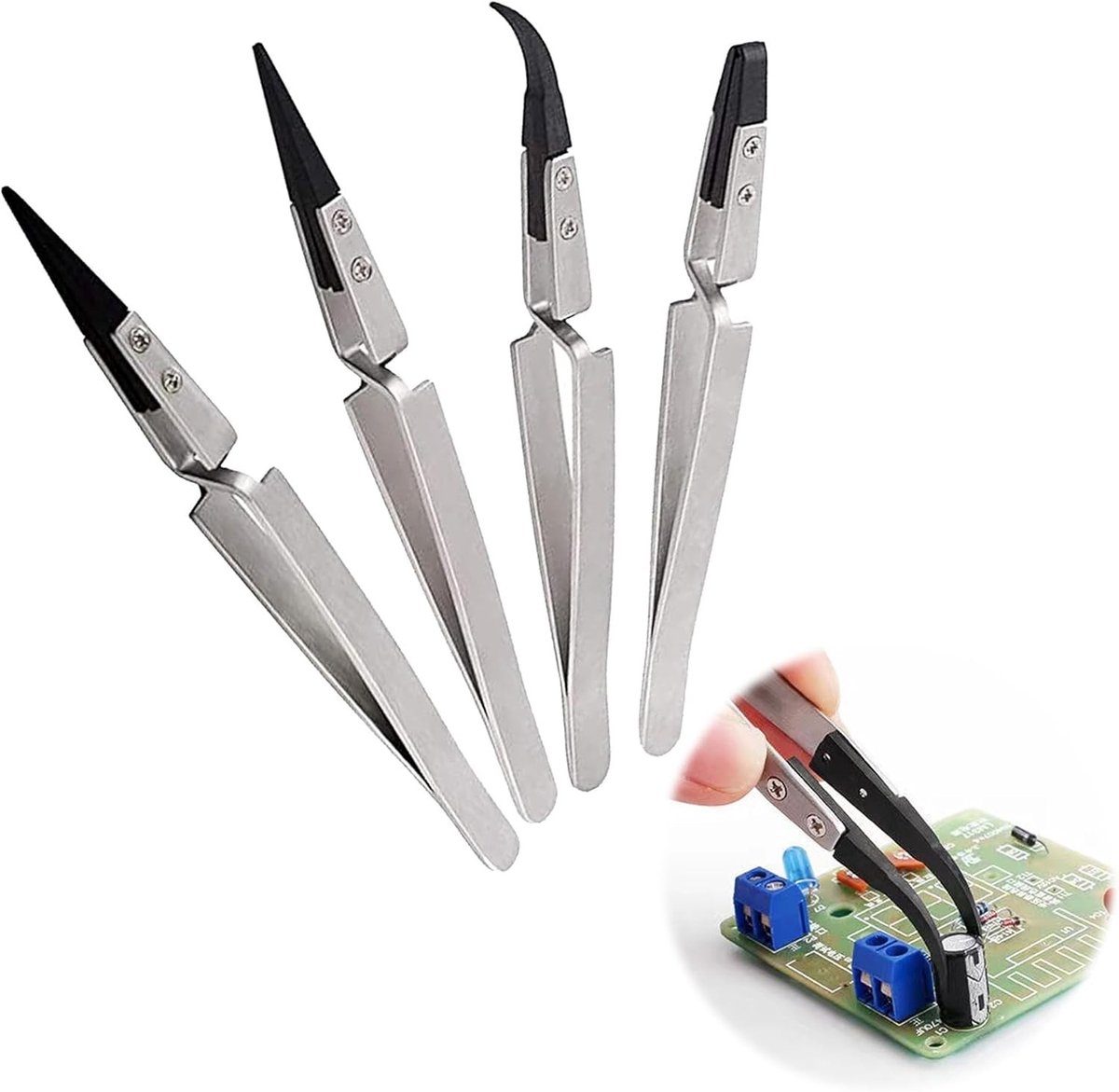 Precisie Gebogen Pincet van Roestvrij Staal - Antistatisch, Niet-Magnetisch voor Elektronica, Horlogeherstel en Sieradenmaken - Set van 4 Stuks