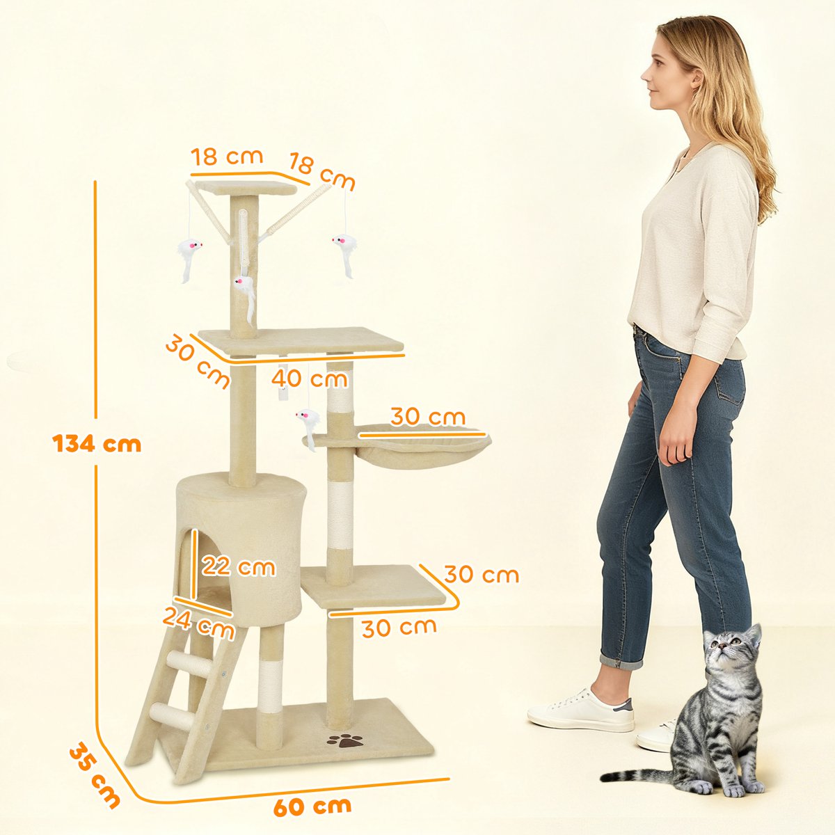 Krabpaal met grot-4 speeltjes-sisalpalen-groot platform-trapje-voor katten tot 5 kg-beige thumbnail 4