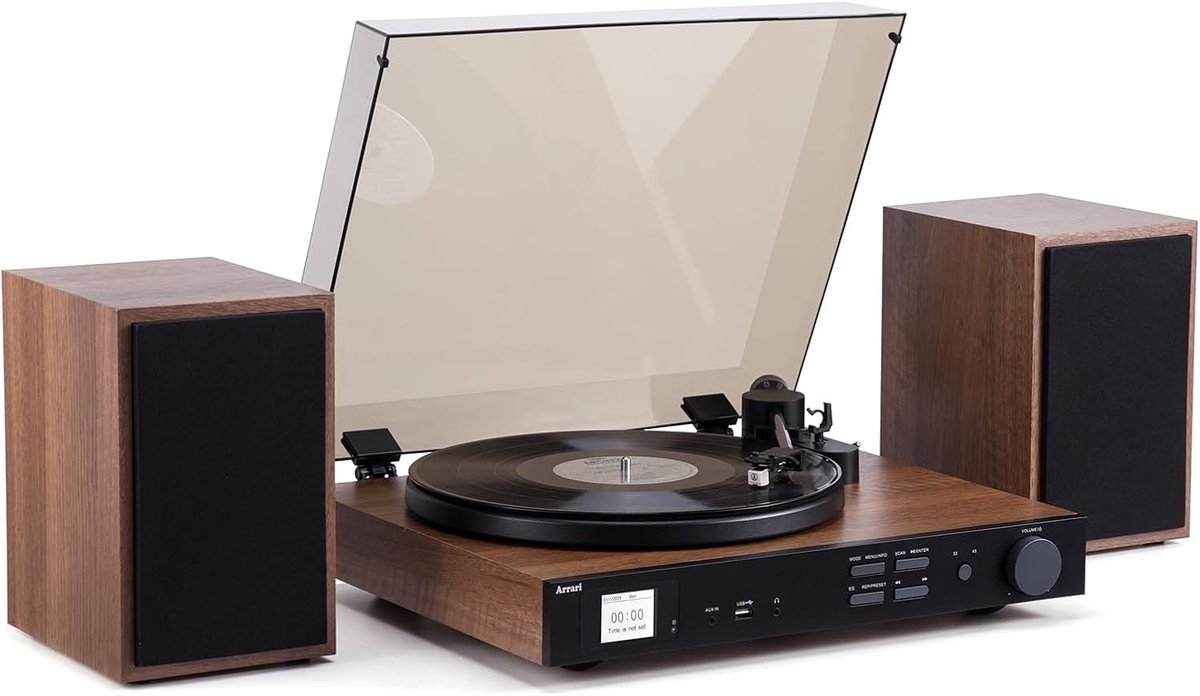 Alles-in-één Platenspeler met Boekenplankluidsprekers - Zwart - Draadloze 2-Snelheid Vinyl Draaitafel met Koolstofvezel Toonarm