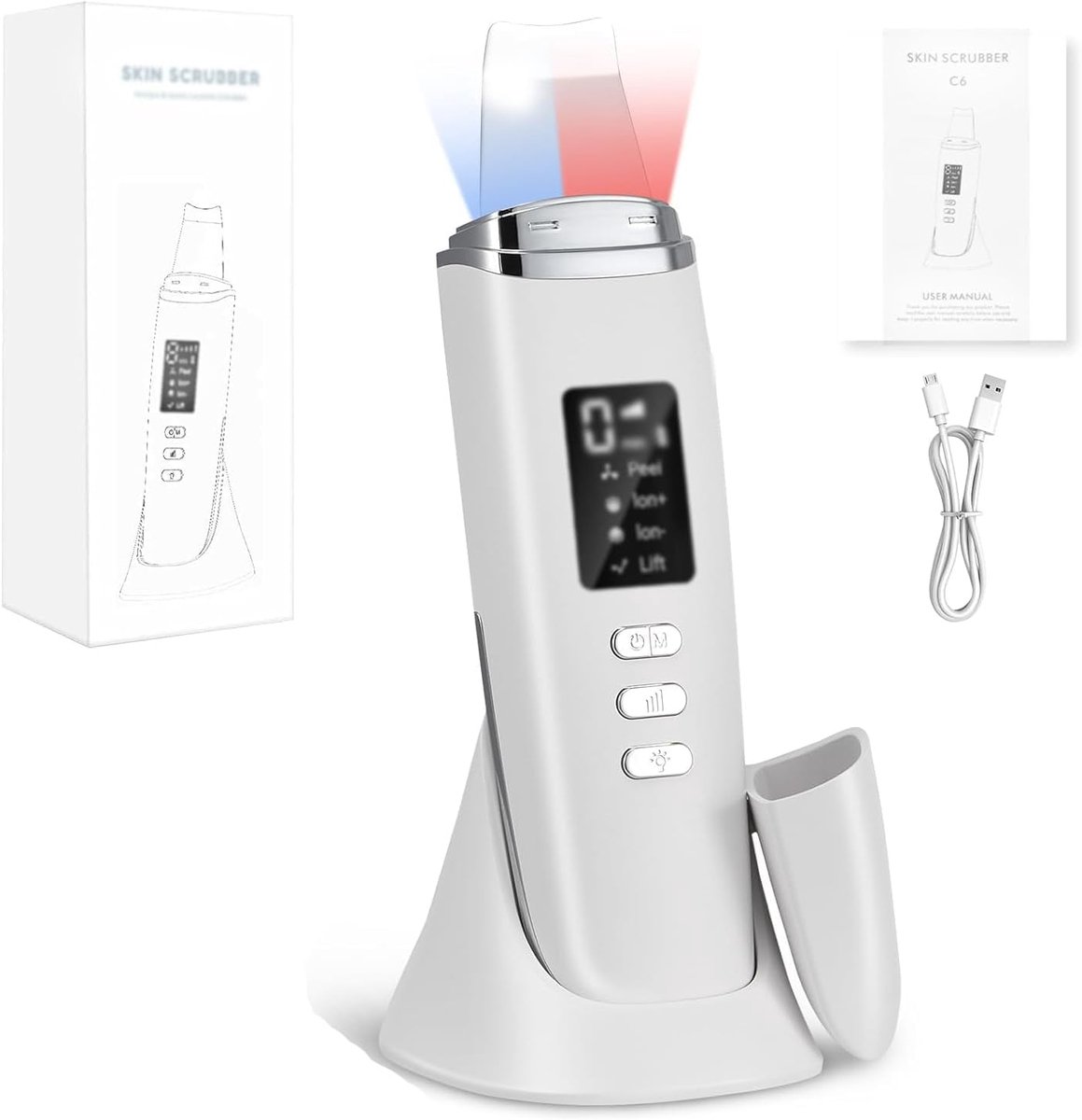 Ultrasone Huidscrubber Poriënreiniger met 4 Werkmodi, Rood & Blauw Licht, Mee-eterverwijderaar voor Diepe Gezichtsreiniging (Wit)