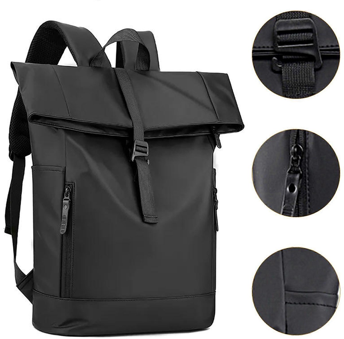 Rolltop rugzak - Unisex rugzak - Zakelijke rugzak - Laptoprugzak - Waterdichte reisrugzak - Studentenrugzak - Laptoptas voor woon-werkverkeer - Rugzak voor outdooractiviteiten - Herenrugzak - Nylon materiaal - Grote capaciteit - Zwart