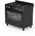 Zwart Wiggo gasfornuis met 5 branders en open oven.