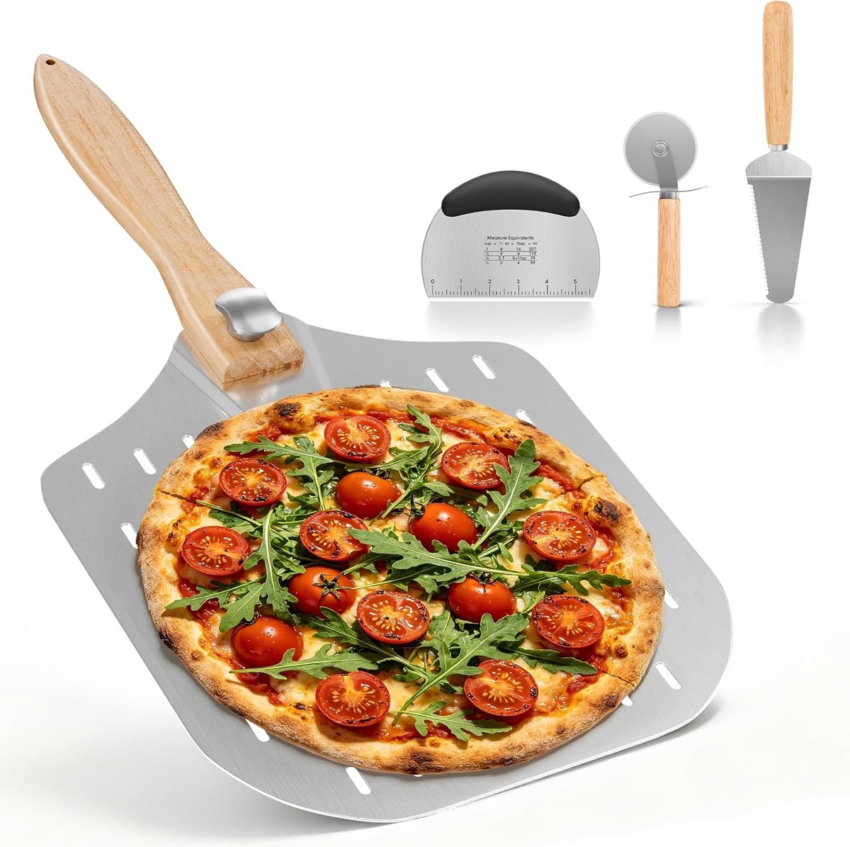 Pizzaset - Roestvrij staal - Geperforeerde pizzaschep - Inclusief deegschraper en pizzasnijder - Voor hobbybakkers