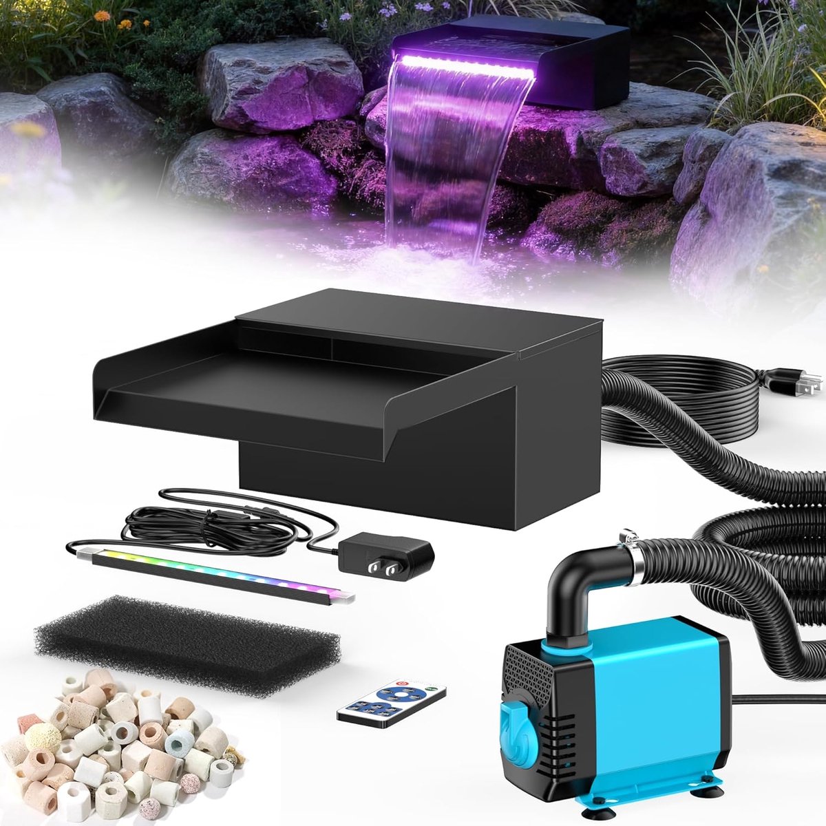 POPOSOAP vijverwaterval van 20 cm breed-roestvrijstalen watervaltank-met vijverpomp van 2500 l/u-op afstand bedienbare-van kleur veranderende LED-lichtslinger-waterornament voor tuinvijvers en buiten