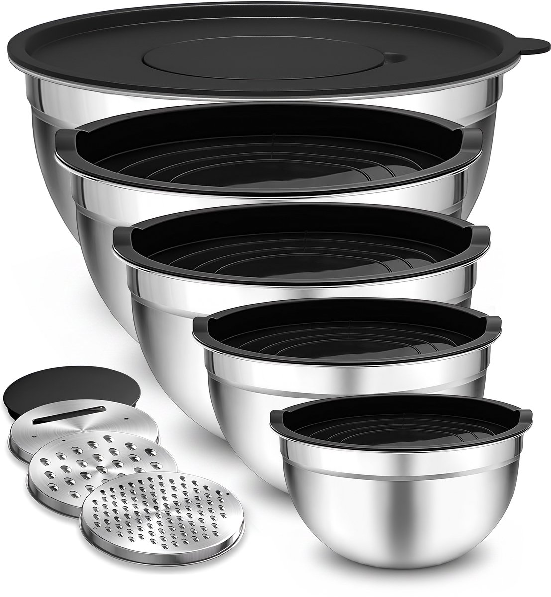 DAITORE - RVS Mengkommen set - 5 Delige Beslagkommen met Deksel - 0,5L / 1L / 1,5L / 2L / 4L - met Maataanduiding en 3 Raspen - voor mengen en serveren - Mixkom - Slakom
