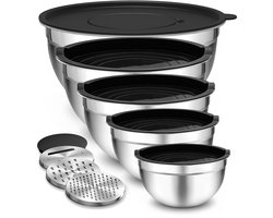 DAITORE - RVS Mengkommen set - 5 Delige Beslagkommen met Deksel - 0,5L / 1L / 1,5L / 2L / 4L - met Maataanduiding en 3 Raspen - voor mengen en serveren - Mixkom - Slakom