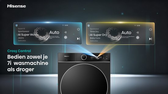 Twee Hisense schermen boven een zwarte wasdroger. Eén scherm toont "AI Super Wash" voor "Quick 15" en "Sportswear", het andere "AI Super Dry" voor "Sportswear" en "Baby Care".