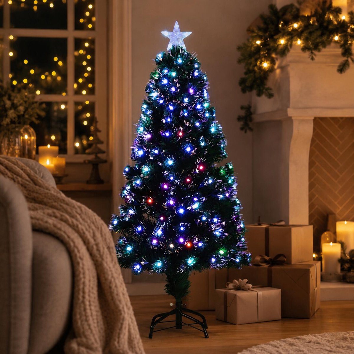 Feeric lights & Christmas Fiber Optic kunst kerstboom - H120 cm - 135 led - gekleurd - met verlichting