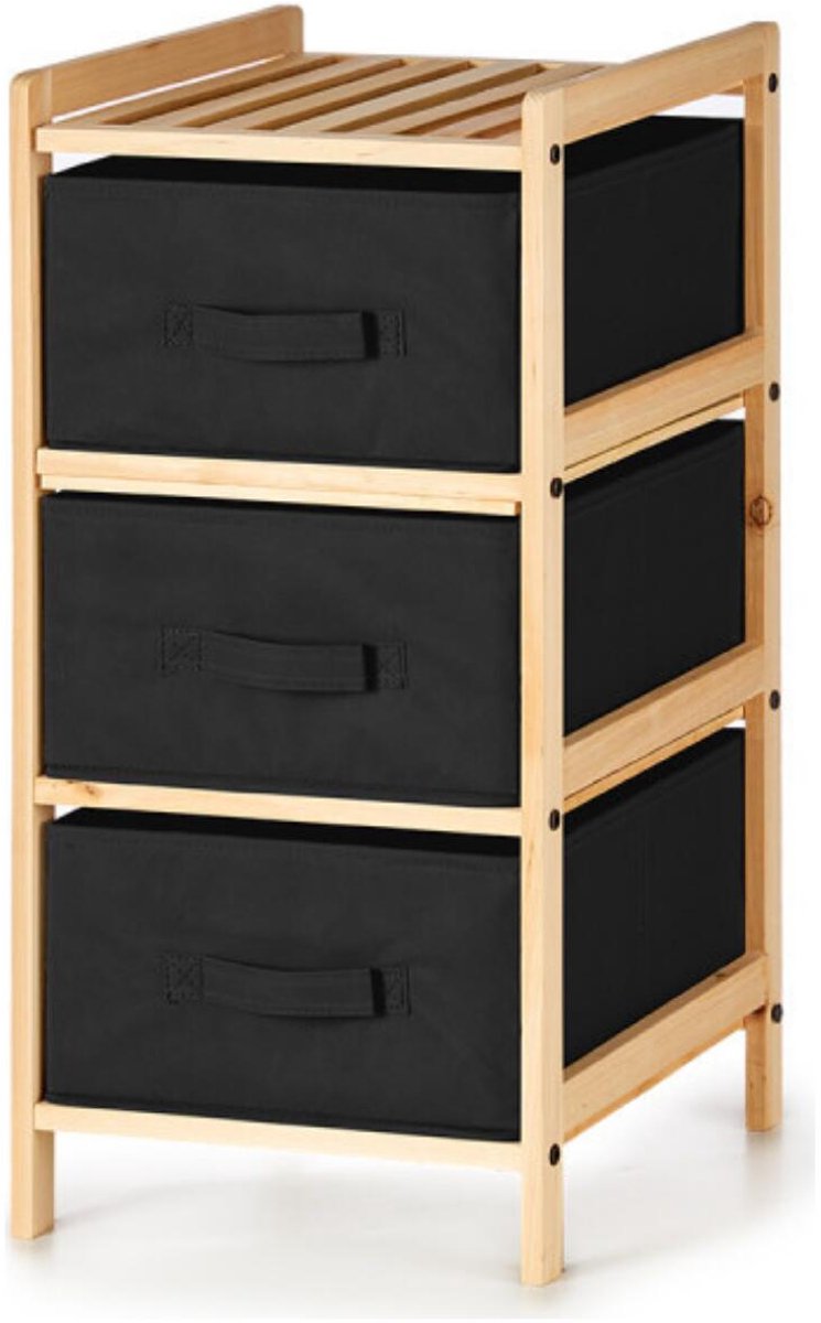 Kipit Opbergkast Bamboe - 3 mandjes - zwart - 36 x 34 x 66 cm - hout/stof - opbergen