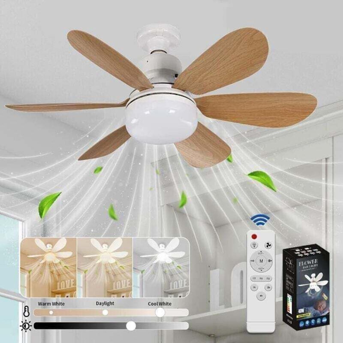 fan-Plafondventilator met ingebouwde verlichting en afstandsbediening, dimbare ledverlichting, ingebouwde 40W E27-lamp, 6 ventilatorbladen, 3 windsnelheden, stille werking, geschikt voor woonkamers en slaapkamers (hout).