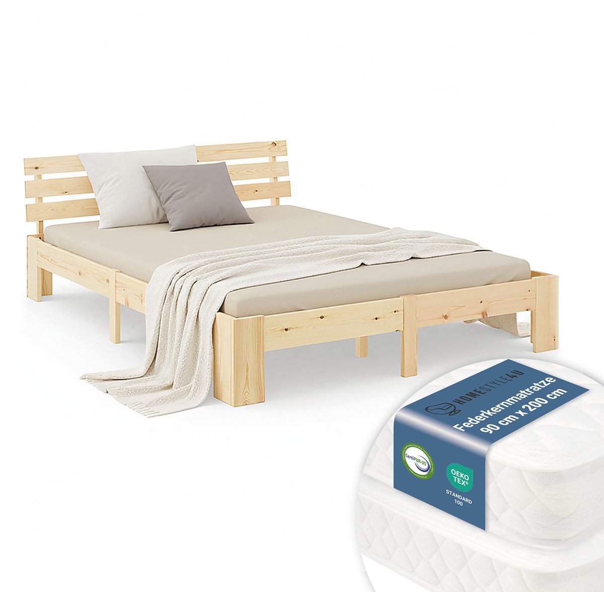 Homestyle4u Tweepersoonsbed - 180x200 cm - met Binnenveringmatras - Natuur