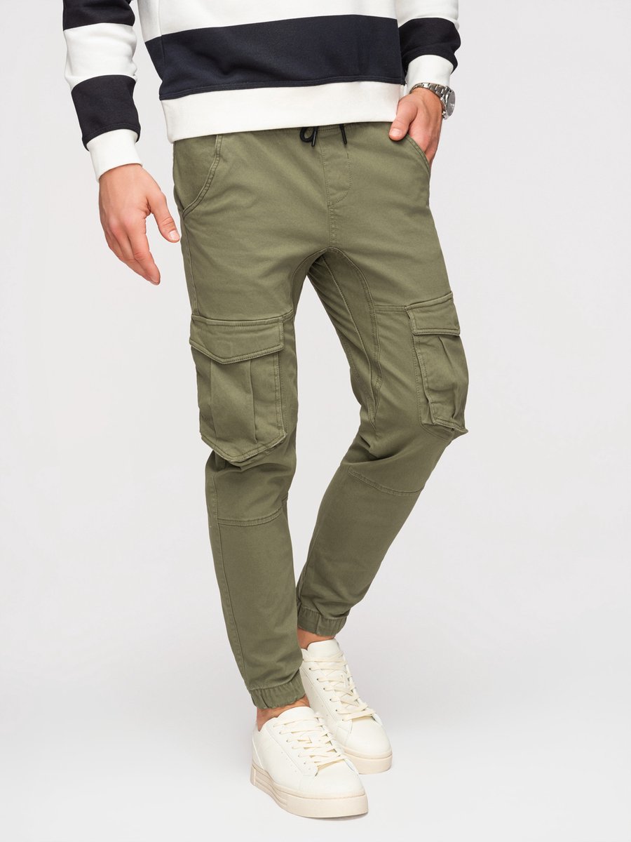 OMBRE Broek - regular fit - katoen - effen Olijf L