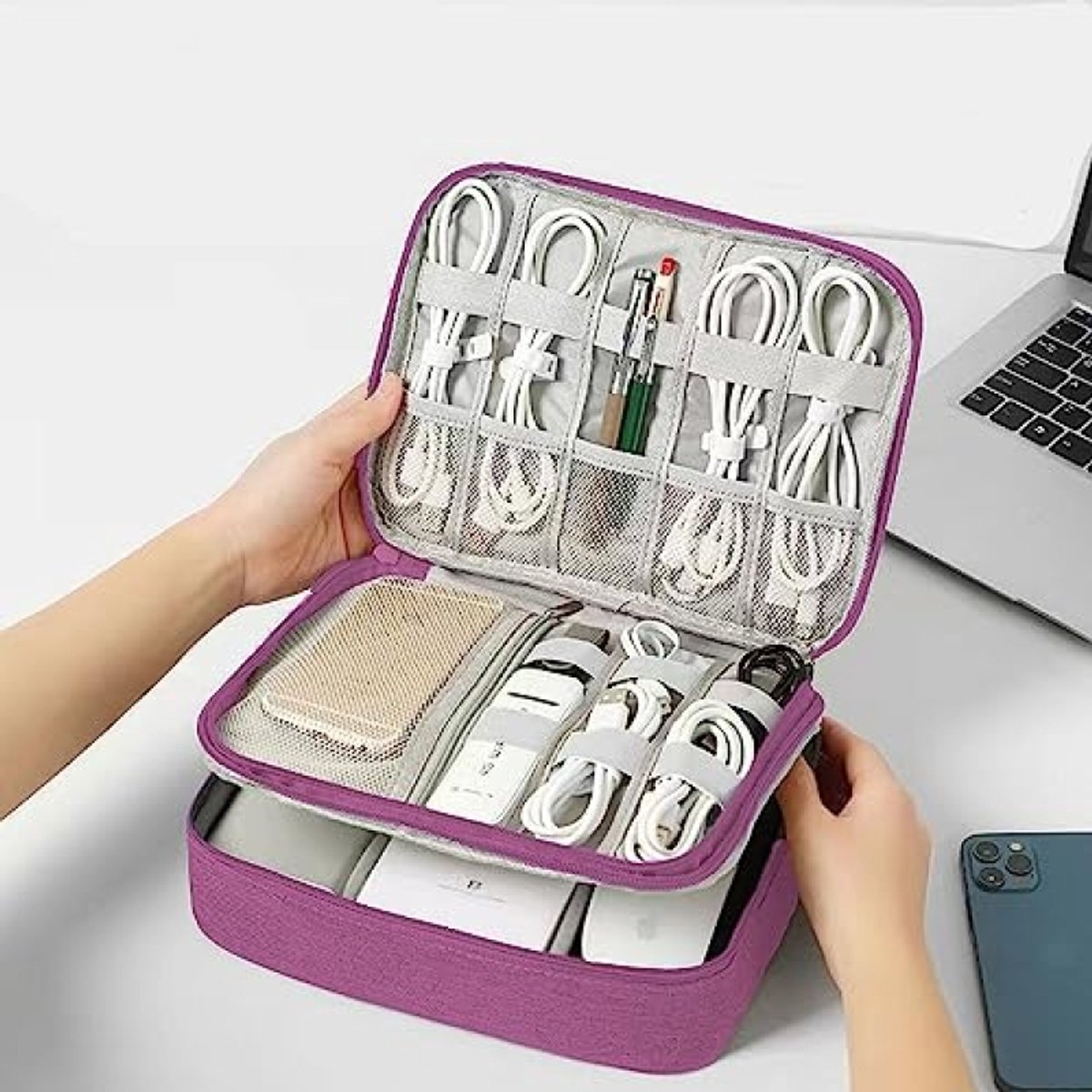 Arvion Kabelorganizer - Elektronica Reistas - 3-lagen - Paars - 27x20x10 cm