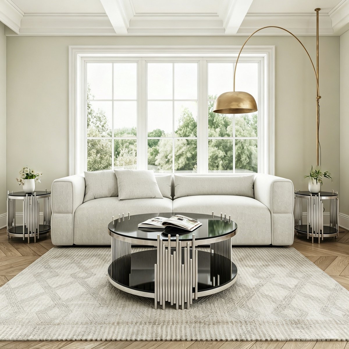 HAUSS SPOLE Salontafel - Ronde Tafel Met Dubbel Glasblad En Opbergruimte - Voor Woonkamer En Kantoor - Rvs En Glas - Zwart Zwart En Zilver