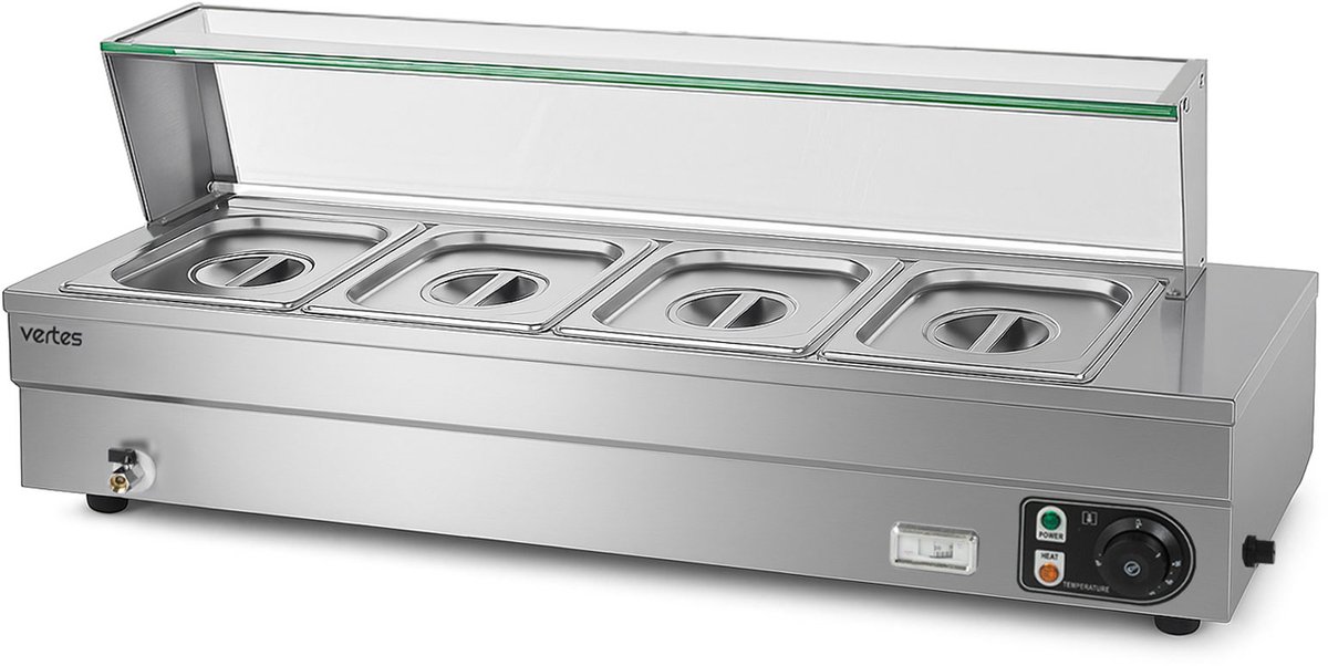 VERTES Gerechtenverwarmer Buffetverwarmer Warmhoudbak voor gerechten Elektrisch 1500 W van roestvrij staal (incl. 4 x 1/2 GN-bakken met deksel, 10 l, aftapkraan, glazen afdekking, bain-marie, 30-85 °C)