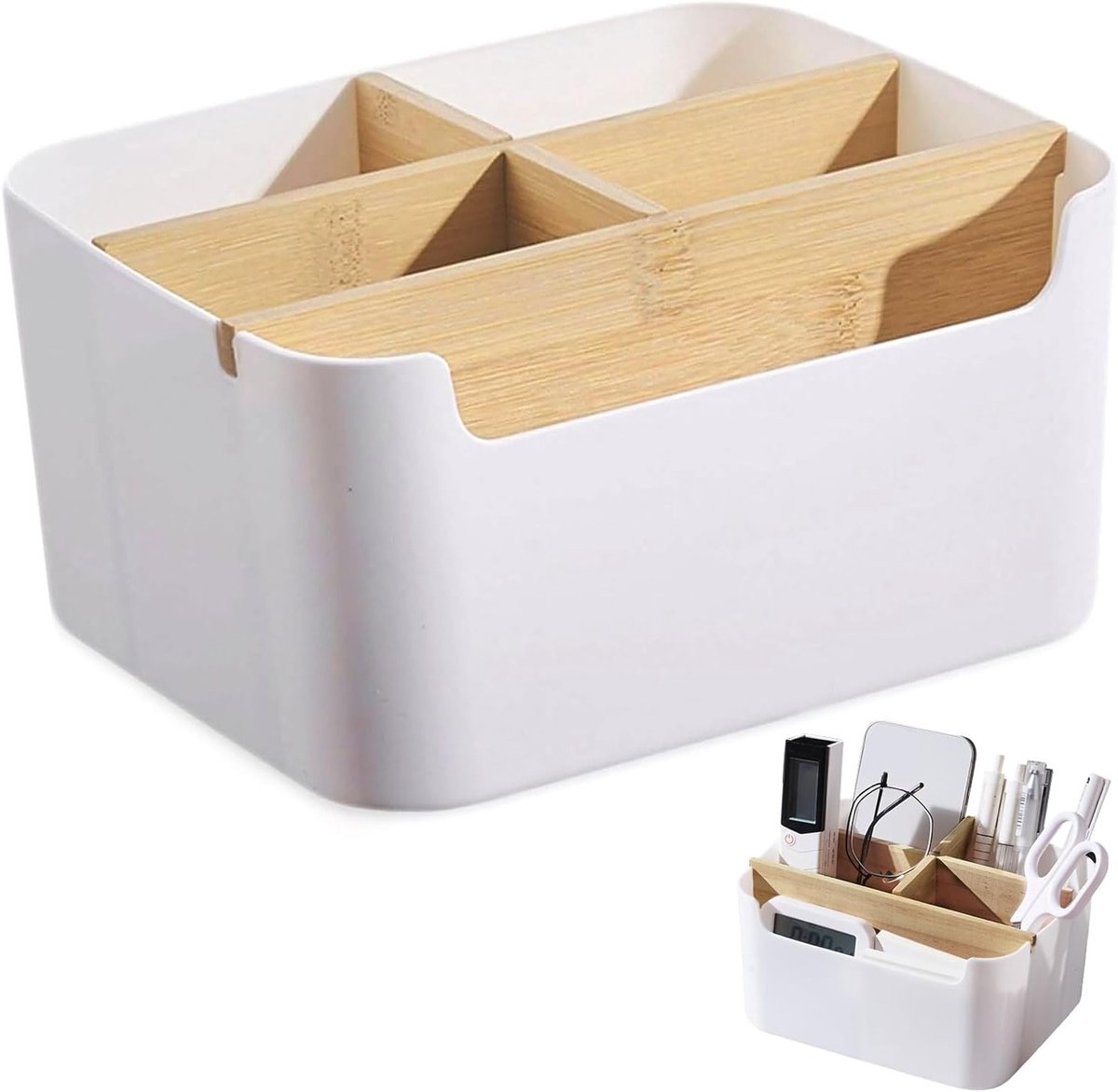 Desk Organiser met 5 Compartimenten voor Kantoor, Houten Pennenhouder en Opbergoplossing voor Stationery en Cosmetica