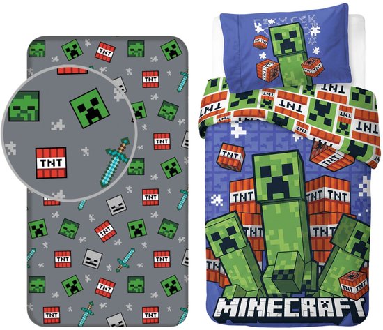 Dekbedovertrek en hoeslaken met Minecraft-thema, met afbeeldingen van Creepers en TNT-blokken.