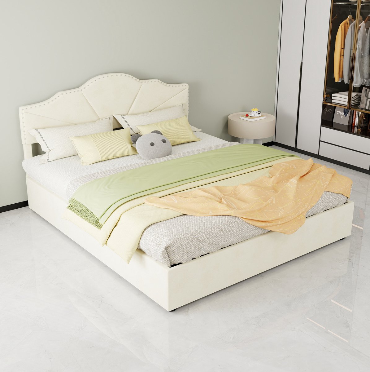 MIVRAY Gestoffeerd Bed 160x200 cm - Tweepersoonsbed Met Geometrisch Hoofdbord en Hydraulische Opbergruimte - Zonder Matras - Stof en Metaal - Beige