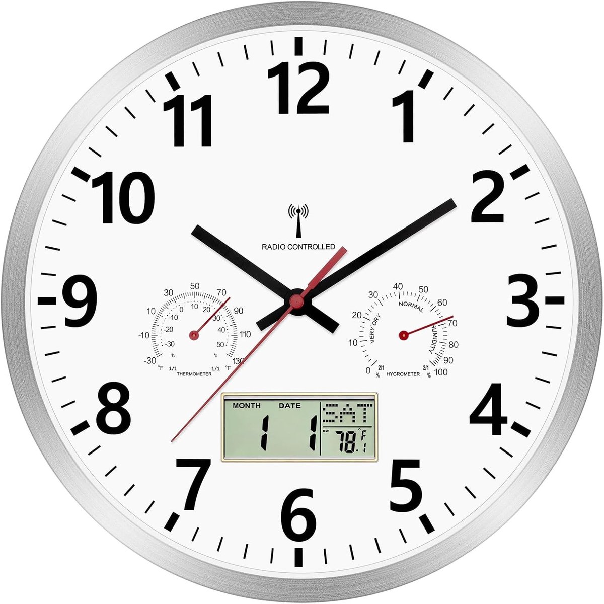 Wandklok - Roestvrij staal - Digitale en analoge wijzerplaat - Geruisloos - Voor Woonkamer, Keuken, Badkamer