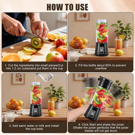 Thijox - 380ML Draagbare Elektrische Mixer - USB-entsafter - Mini Smoothie Maker voor Reizen en Sportschool - Zwart - Perfect voor Shakes en Smoothies van Thijox — afbeelding 3