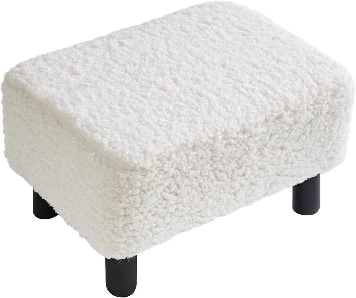 Thijox - Voetenbank Poef Rechthoekig Wit - Modern Teddy Fleece Materiaal met Houten Poten - Multifunctionele Kruk voor Woonkamer en Slaapkamer - 42 x