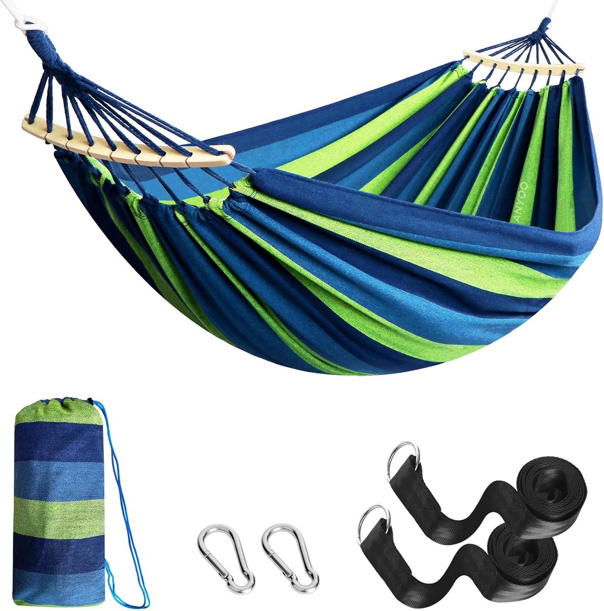 Thijox - Draagbare Outdoor Katoenen Hangmat met Boomriemen, Spreidstangen, 270 x 150 cm - Ideaal voor Camping, Tuin, Balkon en Binnengebruik