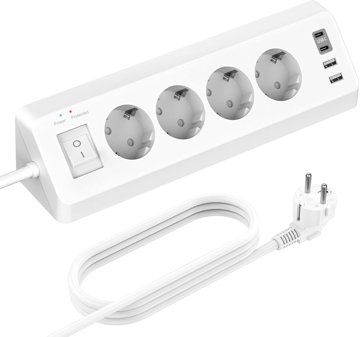 SnelShoppen - 4-Way Power Strip met USB C, Hoekstopcontact, 4 USB Poorten met Schakelaar, Bureau Stopcontact, Overspanningsbeveiliging, 3 m Kabel voor