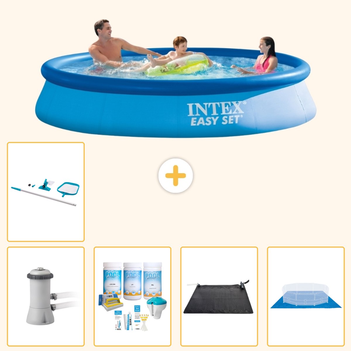 Intex Rond Opblaasbaar Easy Set Zwembad - 366 x 76 cm - Blauw - Inclusief Pomp - Onderhoudspakket - Solar Mat - Grondzeil - Schoonmaakset - 6-delig