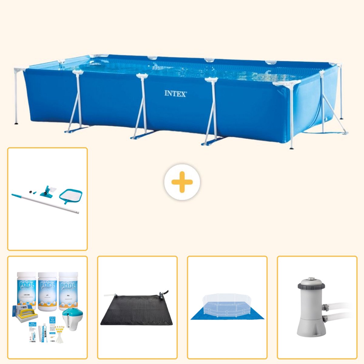 Intex Rechthoekig Frame Zwembad - 450 x 220 x 84 cm - Blauw - Inclusief Onderhoudspakket - Solar Mat - Grondzeil - Zwembadfilterpomp - Schoonmaakset - 6-delig