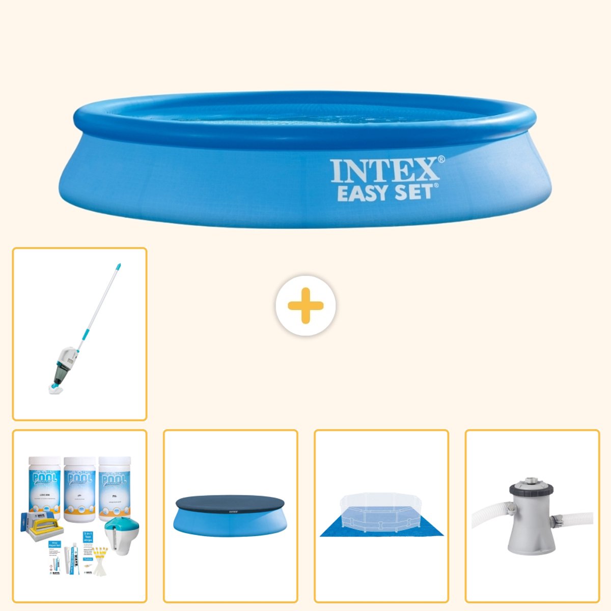 Intex Rond Opblaasbaar Easy Set Zwembad - 305 x 61 cm - Blauw - Inclusief Onderhoudspakket - Afdekzeil - Grondzeil - Zwembadfilterpomp - Stofzuiger - 6-delig